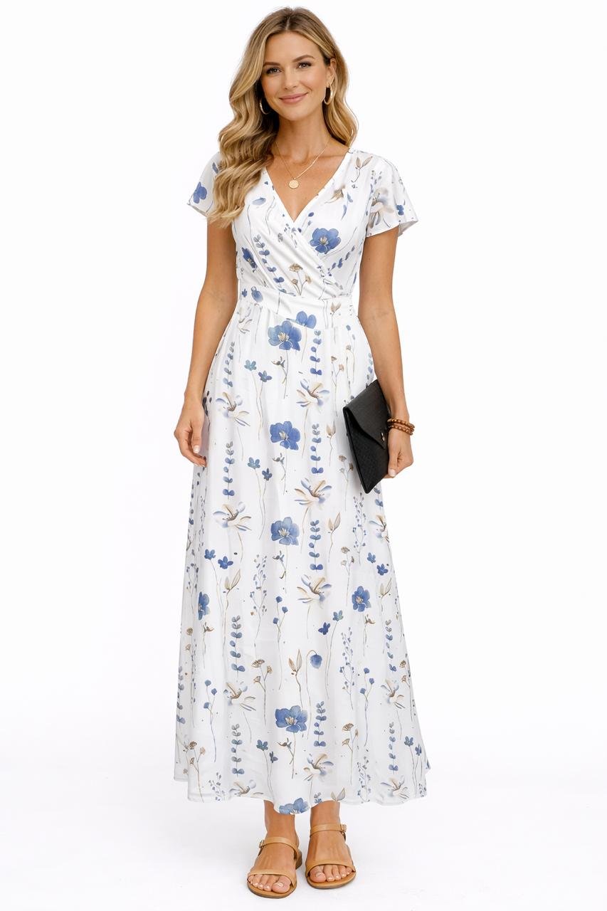 WOMEN WRAP WHITE, BLUE MAXI/FULL LENGTH DRESS