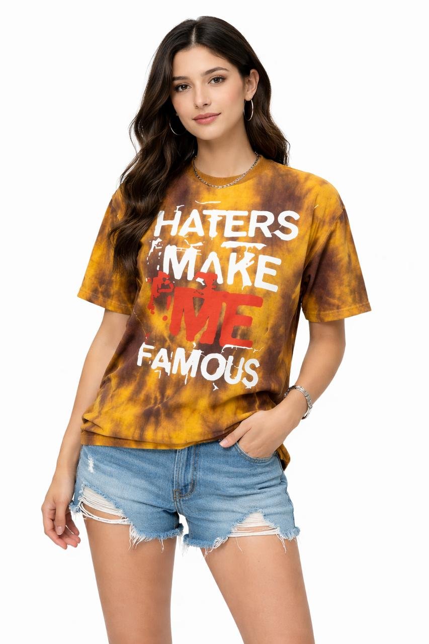 WOMEN  TIE &DYE, GRAPHIC PRINT ROUND NECK COTTON BLEND BROWN, YELLOW T-SHIRT