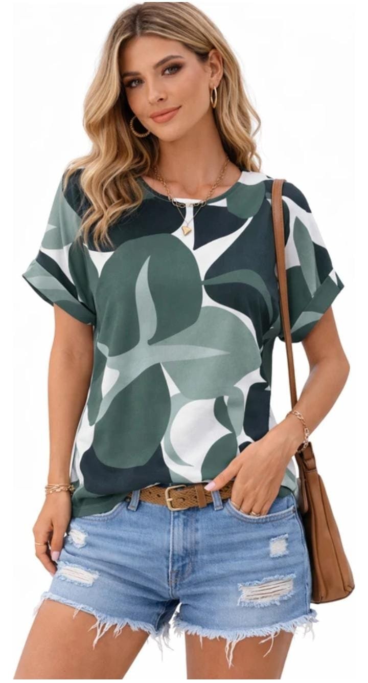 WOMEN PRINTED ROUND NECK COTTON BLEND GREEN T-SHIRT