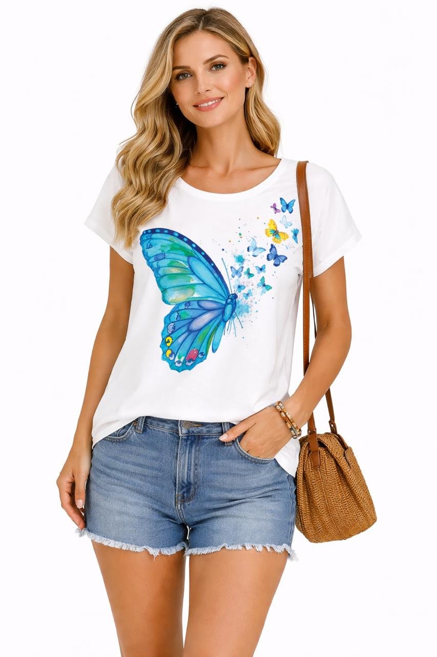 WOMEN GRAPHIC PRINT, ROUND NECK POLYCOTTON WHITE, MULTICOLOR T-SHIRT