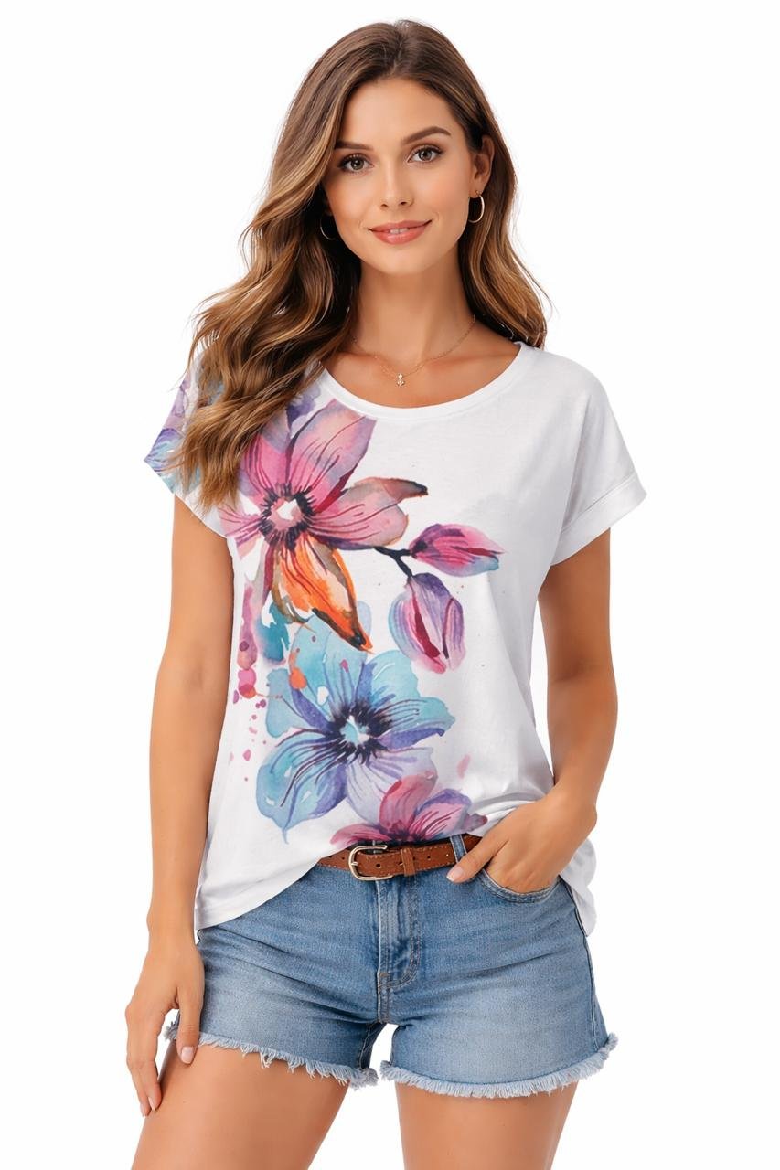 CASUAL REGULAR SLEEVES FLORAL PRINT WOMEN WHITE, MULTICOLOR TOP